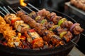 A close up photograph showcasing a grill filled with assorted skewers of food being cooked, Sizzling hot tandoor with various