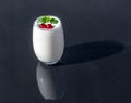 Close-up photograph of a White Dreamy creamy Blended Drink with Cranberries and Mint leaves