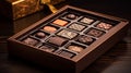 Close-up photography of box of handcrafted chocolate, luxury dessert. Generative AI