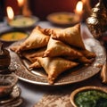 Close up photography captures the moment when samosas are served on the table for an Iftar meal in a warm, Middle Eastern style