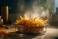 Close-up photography of french fries, cooking potatoes in air fryer on a kitchen at home. Unhealthy diet, fastfood. Generative AI Royalty Free Stock Photo