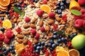 Close-up photography of muesli ingredients, whole grains, nuts, berries and fruits, background or wallpaper. Generative AI