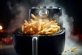 Close-up photography of potatoes with smoke in air fryer. Home cooking healthy fastfood. Generative AI