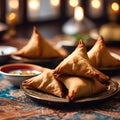 Close up photography of a samosas being served on the table for an iftar meal at Ramadan in a middle eastern style room with a