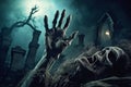 A close - up photography showcasing a zombie hand rising from a graveyard on a spooky Halloween night - generative ai