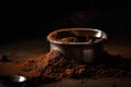 Close-up photoof coffee grounds being scooped into a portafilter. Generative ai