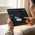 Close-up photorealistic view of hands holding a bezel-less tablet displaying a language model interface with code and chat dialogu Royalty Free Stock Photo