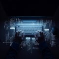 Close-up photorealistic view of rapid programmer hands working late on an ergonomic keyboard, illuminated by projected complex cod Royalty Free Stock Photo