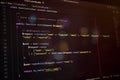Close-up of PHP Laravel code on a dark editor screen, showcasing user update function and password hashing. Ideal for programming Royalty Free Stock Photo