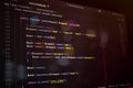 Close-up of PHP Laravel code on a dark editor screen, showcasing user update function and password hashing. Ideal for programming Royalty Free Stock Photo