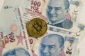 Physical golden cryptocurrency Bitcoin on Turkish Banknotes