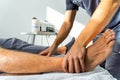 close up of a physiotherapist placing the feet of a patient