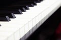 Close up of piano keyboard with selective focus keys