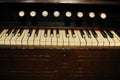 Close-up of a piano keys oir keyboard of old, historic clavichord or harpsichord