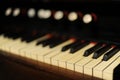 Close-up of a piano keys oir keyboard of old, historic clavichord or harpsichord