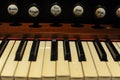 Close-up of a piano keys oir keyboard of old, historic clavichord or harpsichord
