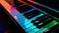 close-up piano keys in vibrant tones, multicolor light keyboard with diagonal view, selective focus