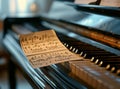 Close-up of a piano with sheet music, highlighting the black and white keys in soft lighting. Royalty Free Stock Photo