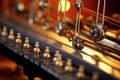 close-up of piano strings and tuning pegs