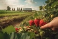 Close up, picking strawberries in the field, sunny weather, illustration. Generative AI