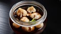 Close-up of pickled garlic with soy sauce on a jar. AI Generative Royalty Free Stock Photo