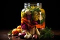 close-up of pickled vegetables in a glass jar