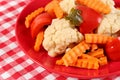 Close up of a pickled vegetables mix - cauliflower, carrot slices and paprika in a red plate on a red and white chequered Royalty Free Stock Photo
