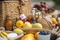 close-up of picnic basket, with colorful assortment of foods and drinks visible