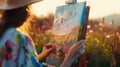 The close up picture of artist drawing painting of nature surround them. AIG43.