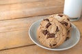 Close up picture of chocolate cookies and milk Royalty Free Stock Photo