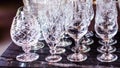 Close up picture of empty crystal wine glasses