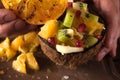 Close up picture of fruit salad in coconut shell Royalty Free Stock Photo