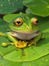 A close-up picture of a green frog sitting on a lotus leaf Royalty Free Stock Photo