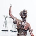 Close up picture of lady justice or themis goddess standing back holding scales blindfold on white background Royalty Free Stock Photo