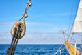 Close up picture of an old wooden pulley Royalty Free Stock Photo