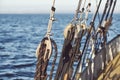 Close up picture of old wooden pulleys