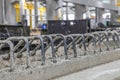 Close up picture of an precast concrete beam with outstanding reinforcement in a precast manufacturing plant Royalty Free Stock Photo