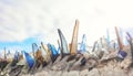 Close up picture of shards of glass on a wall, used to secure private property, selective focus Royalty Free Stock Photo