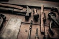 Close up picture of some carpentry tools on working table