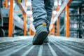 The close up view of engineer working inside factory and focus on boots. AIG43. Royalty Free Stock Photo