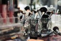 Close-up picture of workplace with make-up tools on table in beauty salon. Professional lipsticks and brushes for work of make-up