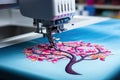 Close up picture workspace of embroidery machine show embroider tree design theme. And two thraed s cyan and pink color