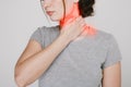 Close up picture of young woman with neckache isolated.