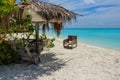 CLOSE UP: Picturesque view of an empty white sand beach in the sunny Maldives.