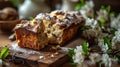 close up Piece of berry cake on a rustic tray with branches of cherry blossom