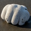 Close-up of a piece of bleached coral on wet sand. The coral has a rounded, smooth Royalty Free Stock Photo
