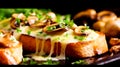 A close up of a piece of bread with mushrooms and cheese, AI