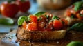 A close up of a piece of bread with tomatoes and basil, AI