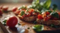 A close up of a piece of bread with tomatoes and basil, AI