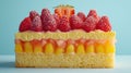 A close up of a piece of cake with fruit on top, AI